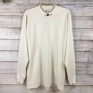 VTG Lighthouse Apparel Mock Neck Embroidered Leaves Cream Long Sleeve Tee Shirt